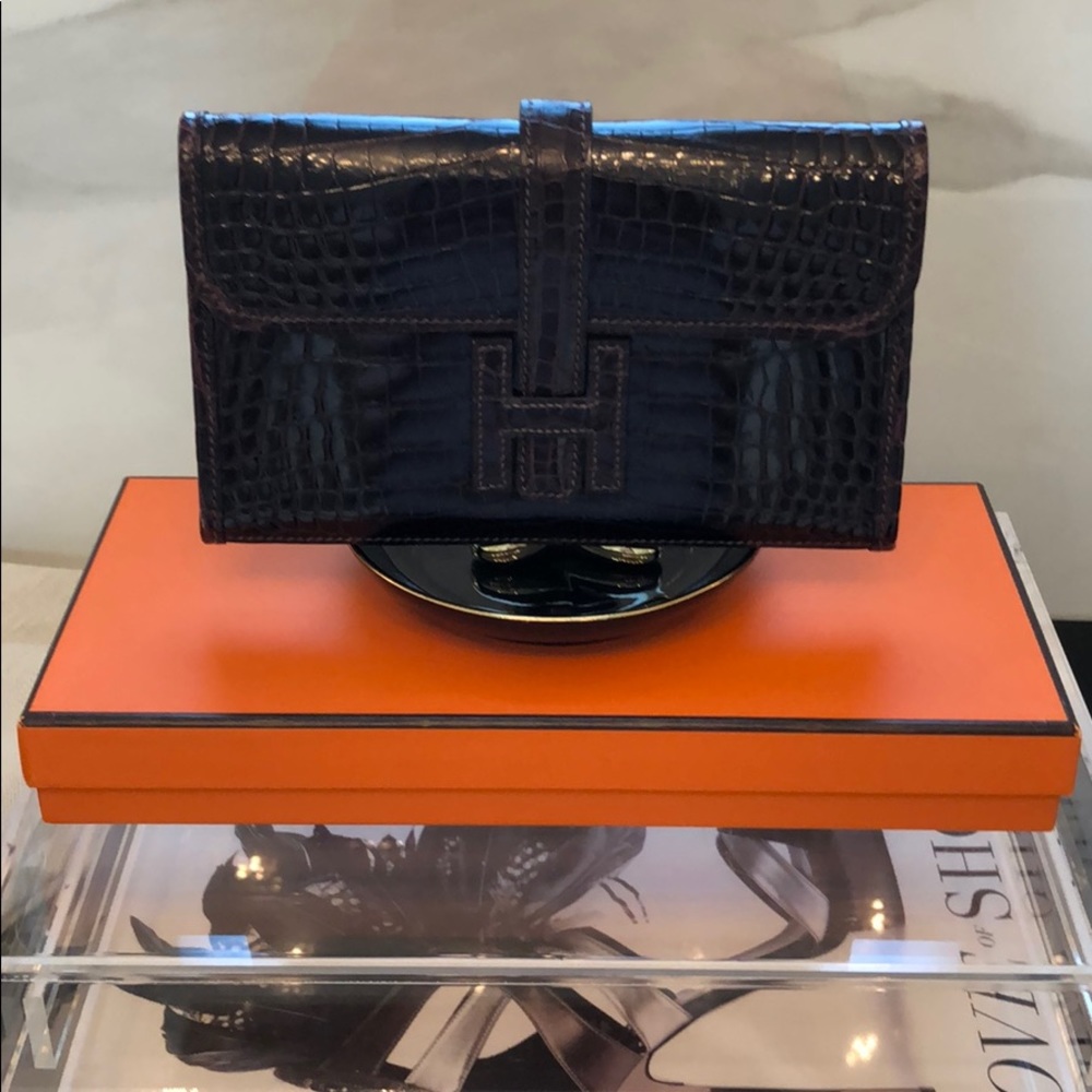 Auth Hermes Niloticus Crocodile Jige Mini Clutch